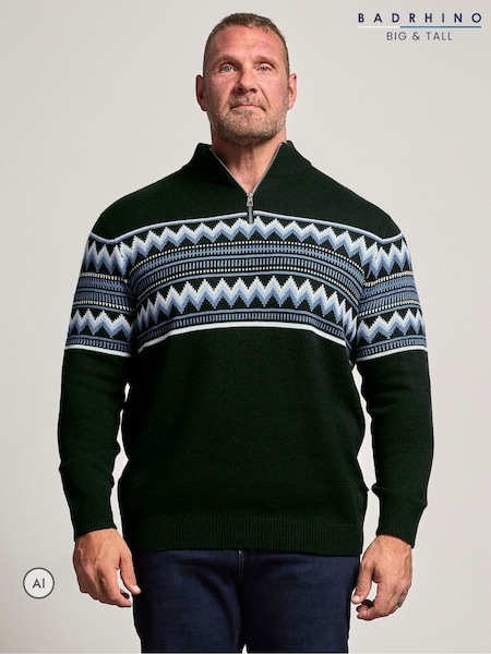 Blå - Regular Badrhino Big & Tall Fairisle Quarter Zip Knitted Jumper