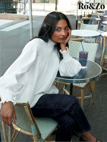 White - Ro&zo Cotton Shirred Neck Blouse