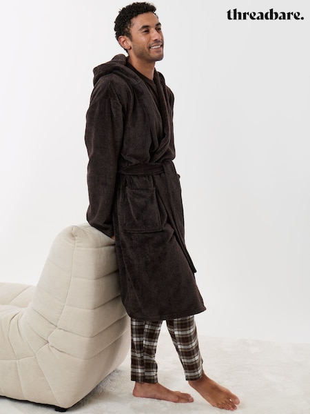 Marrón - Regular Threadbare Hooded Fleece Dressing Gown