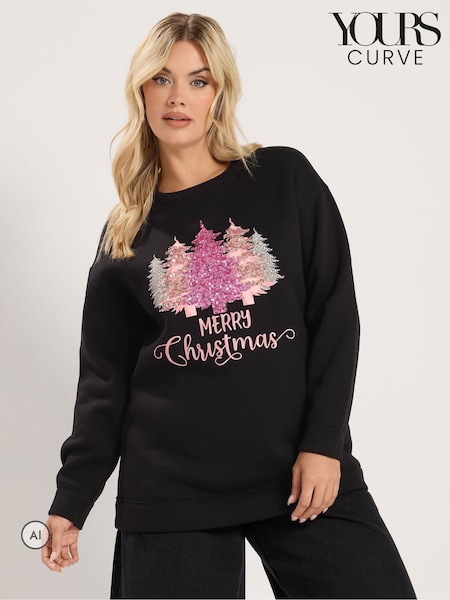 Negro - Yours Curve 'merry Christmas' Sequin Tree Novelty Sweatshirt