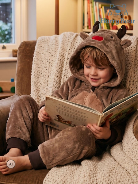 بني - Harry Bear Reindeer Novelty Super Soft Fleece Onesie With 3d Antler And Ears