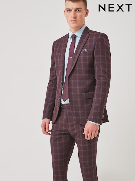 Burgundy Red Skinny Fit Trimmed Check Suit (274076) | €27