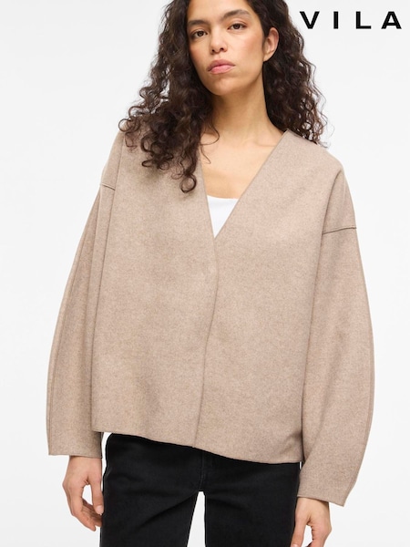 Hnědá - Vila Collarless Minimalist Curved Sleeve Jacket