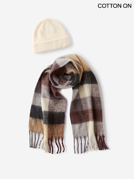 Crema - Regular Cotton On Heavy Knit Beanie & Wide Scarf Set