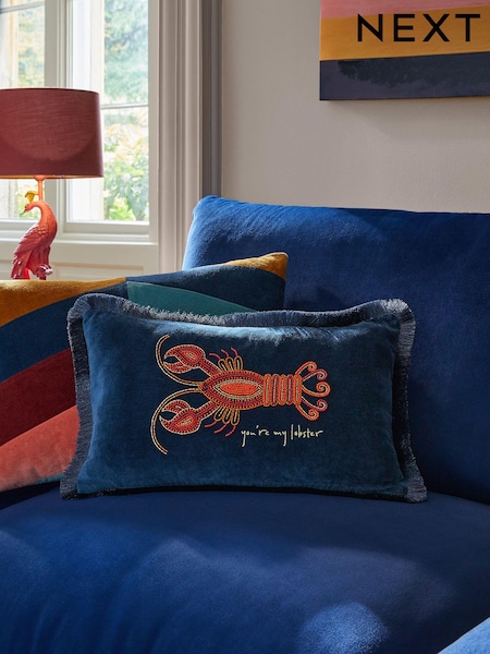 Navy Blue Beaded Lobster 100% Cotton Rectangular Cushion (274619) | €12.50