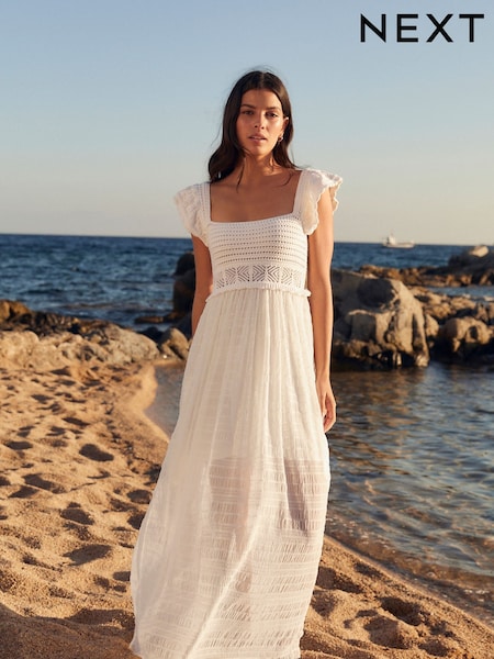 Ecru White Crochet Flute Sleeve Dress (274792) | €20