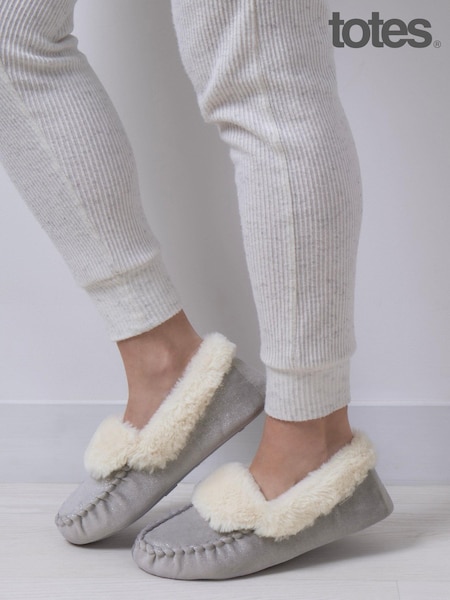 Totes Grey Ladies Sparkle Moccasin Slippers (274808) | €6