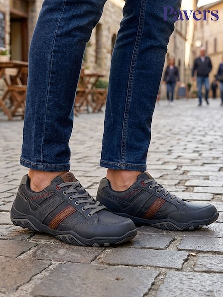 Navy Blue - Regular Pavers Wide Fit Cushioned Rugged Lace Up Shoes