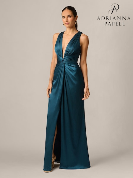 Blue - Adrianna Papell Crinkle Satin Long Dress