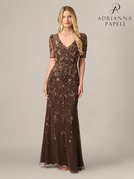Marrón - Vestido largo de malla con cuentas de Adrianna Papell Petite