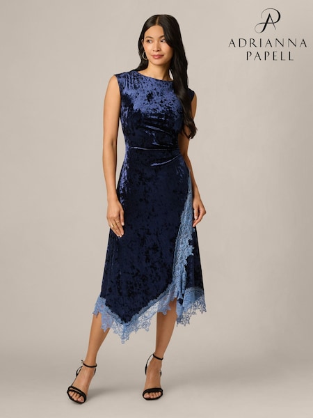 Albastru - Adrianna Papell Velvet And Lace Midi Dress