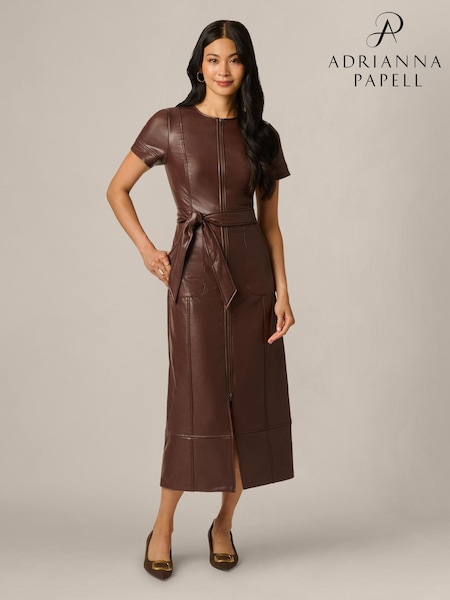 Brown - Adrianna Papell Leather Zip Front Dress