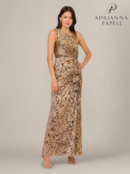 Brown - Adrianna Papell Petite Metallic Crinkle Long Dress