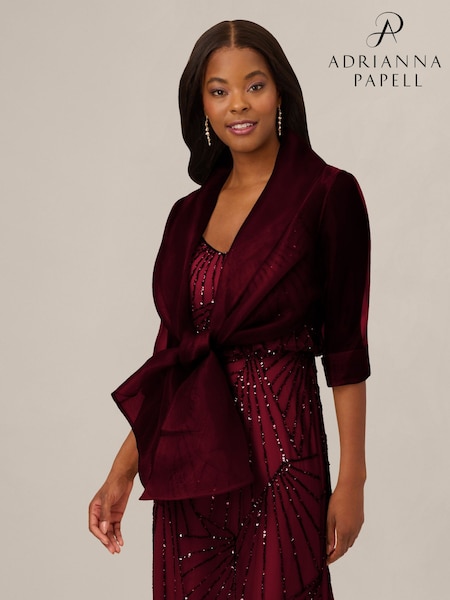 Red - Adrianna Papell Short Sleeve Organza Wrap Jacket