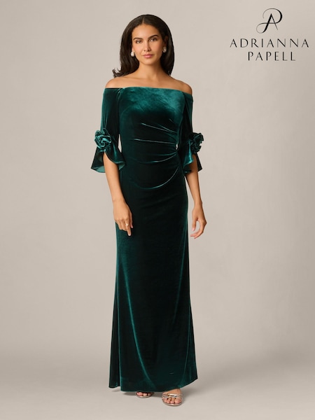 Green - Adrianna Papell Off Shoulder Velvet Gown