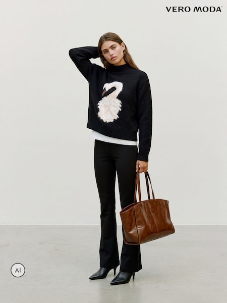 Black - Vero Moda High Neck Graphic Swan Knit Jumper