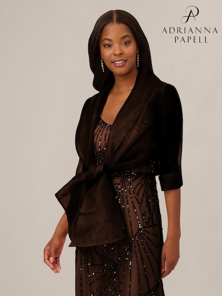 Brown - Adrianna Papell Short Sleeve Organza Wrap Jacket