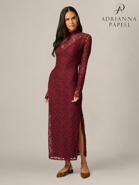 Red - Adrianna Papell Papell Mock Neck Lace Dress