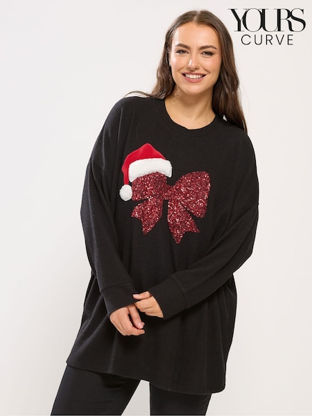 Schwarz - Yours Curve Sequin Bow Novelty Christmas Sweatshirt