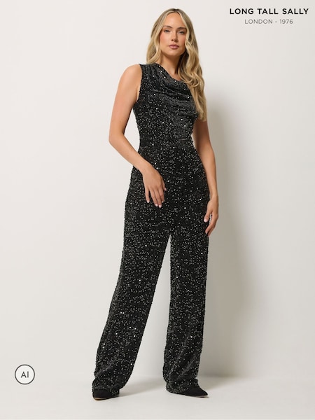 أسود - Long Tall Sally Sequin Velvet Cowl Neck Jumpsuit