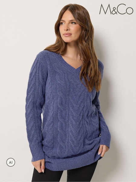 Blue - M&co V-neck Cable Knit Tunic Jumper