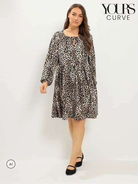 Brun - Robe Yours Curve imprimé léopard à col noué