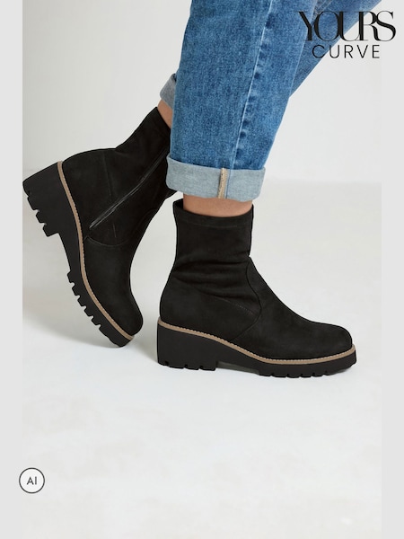 Negro - Yours Curve Botas de Cuñas Elásticos de Antelina
