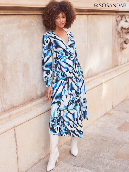Sosandar Print Blouson Sleeve Wrap Jersey Midi Dress (276678) | €40