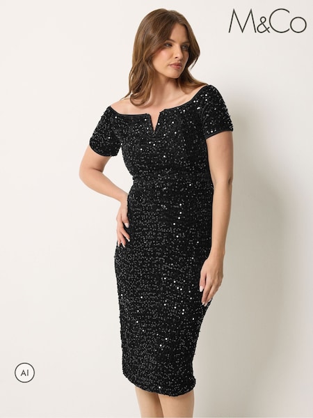 Black - M&co Sequin Velvet Notch Neck Shift Dress