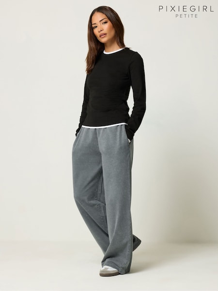 Grey - Pixiegirl Petite Acid Wash Wide Leg Joggers