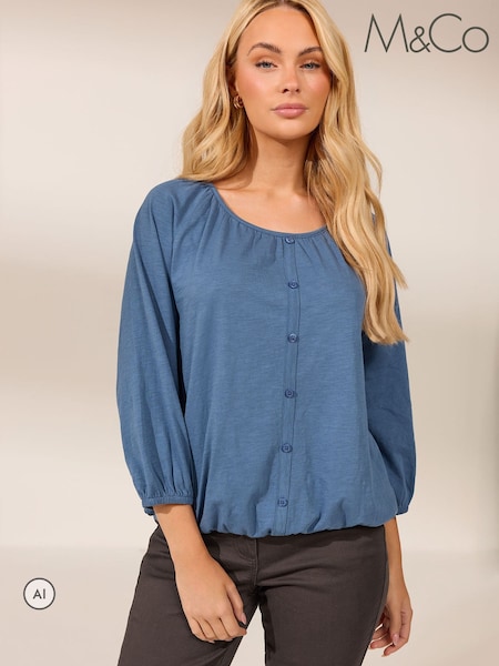 Blue - M&co Button Through Cotton Blouse