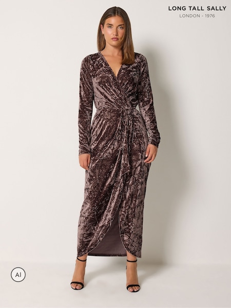 Brown - Long Tall Sally Crushed Velvet Wrap Midi Dress
