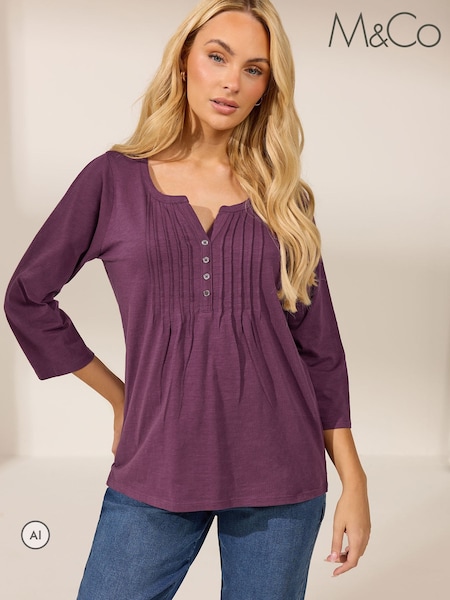 Purple - M&co Cotton Long Sleeve Henley Top