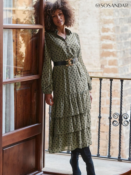 Sosandar Khaki Green Spot Print Tiered Hem Midi Shirt Dress (276926) | €52