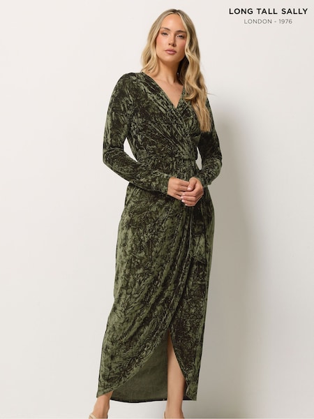 Green - Long Tall Sally Crushed Velvet Wrap Midi Dress