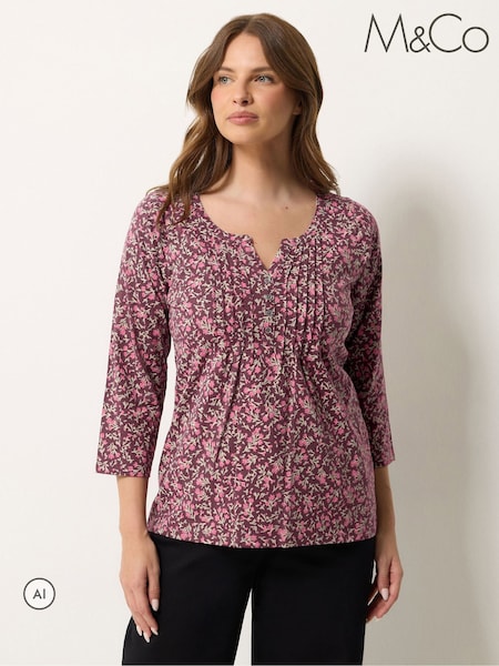 ורוד - M&co Ditsy Floral Print Cotton Long Sleeve Henley Top