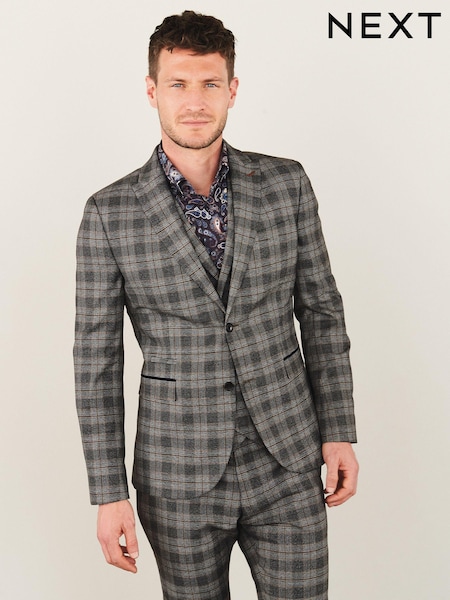 Grey Skinny Fit Trimmed Check Suit: Jacket (277252) | €56