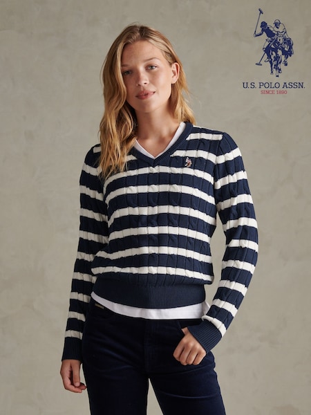Blue - U.s. Polo Assn. V-neck Striped Cable Knit Jumper