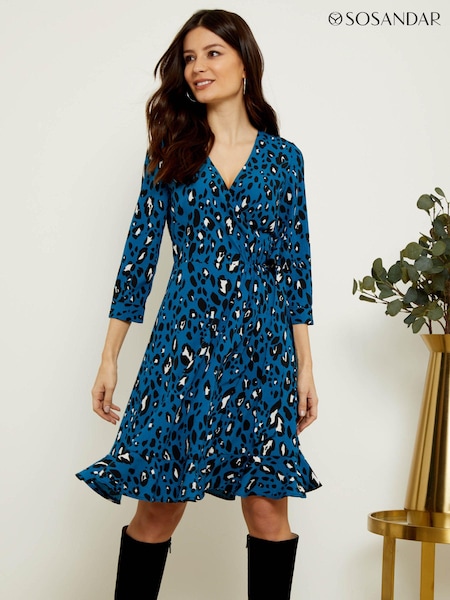 Sosandar Blue Leopard Print Ruffle Hem Wrap Dress (277500) | €69