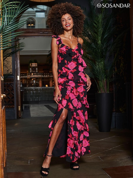 Sosandar Black Floral Print Ruffle Detail Maxi Dress (277605) | €101