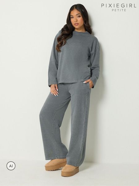 Grey - Pixiegirl Petite Acid Wash Top & Wide Leg Joggers Set