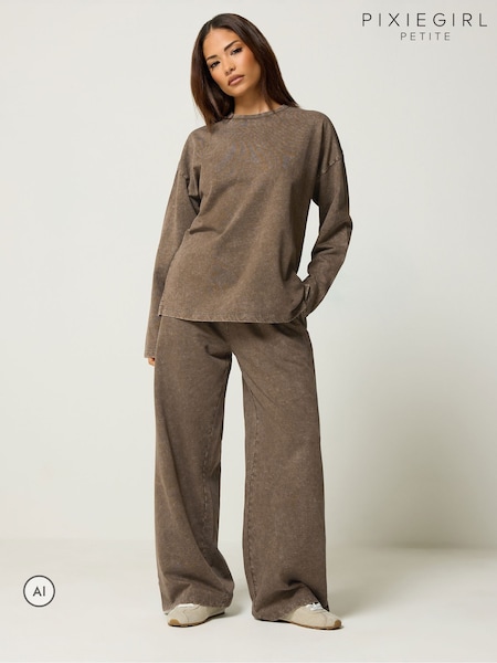 Brown - Pixiegirl Petite Acid Wash Top & Wide Leg Joggers Set