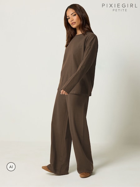 Brown - Pixiegirl Petite Sweat Jersey Top & Joggers Set
