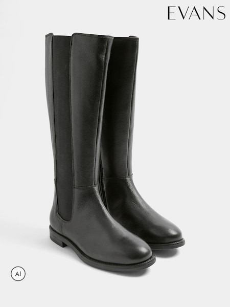 أسود - Evans Leather Knee High Riding Boots In Extra-wide Eee Fit