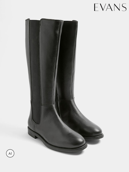 Black - Evans Leather Knee High Riding Boots In Wide E Fit
