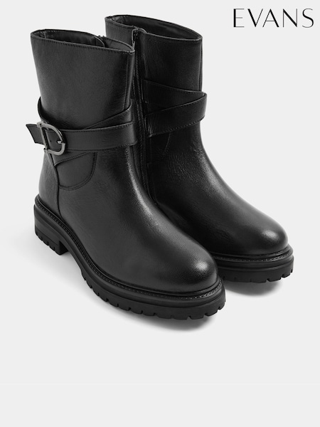 Negru - Evans Leather Buckle Boots In Extra-wide Eee Fit