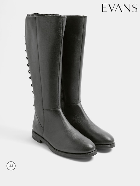 Black - Evans Leather Lace Back Knee High Boots In Extra-wide Eee Fit