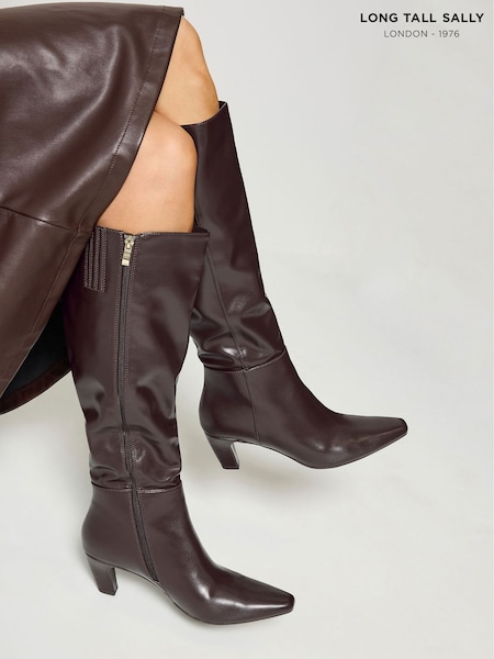 Brown - Long Tall Sally Faux Leather Kitten Heel Knee High Boots In Standard Fit