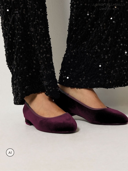 Red - Long Tall Sally Velvet Low Block Heel Ballerina Pumps In Standard Fit