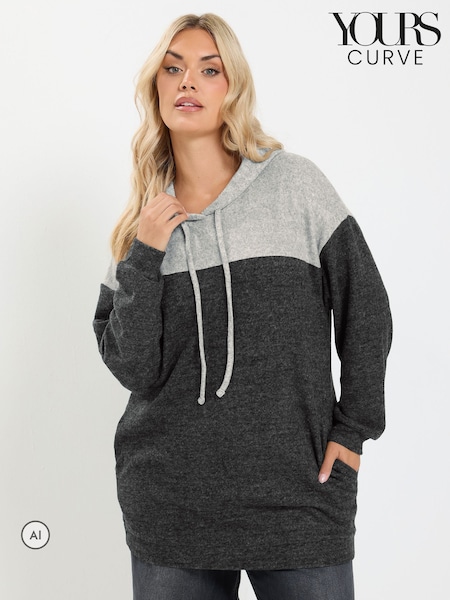 Grey - Yours Curve Colourblock Soft Touch Hoodie